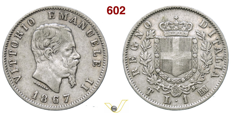 VITTORIO EMANUELE II (1861-1878) 1 Lira 1867 Torino MIR 1085h Pagani 519 Ag g 5,...