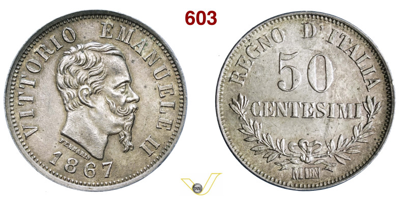 VITTORIO EMANUELE II (1861-1878) 50 Centesimi 1867 "Valore" Milano MIR 1088e Pag...