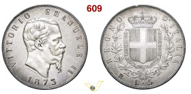 VITTORIO EMANUELE II (1861-1878) 5 Lire 1873 Roma MIR 1082s Pagani 497 Ag g 24,99 mm 37 RRR • Colpetto al bordo; spazzolata BB+