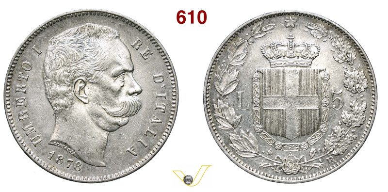 UMBERTO I (1878-1900) 5 Lire 1878 Roma MIR 1099a Pagani 589 Ag g 24,96 mm 37 R B...