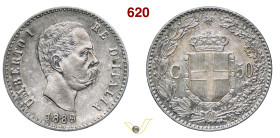 UMBERTO I (1878-1900) 50 Centesimi 1889 Roma MIR 1104a Pagani 608 Ag g 2,47 mm 18 R SPL