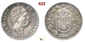 UMBERTO I (1878-1900) 50 Centesimi 1892 Roma MIR 1104b Pagani 609 Ag g 2,49 mm 18 RR SPL
