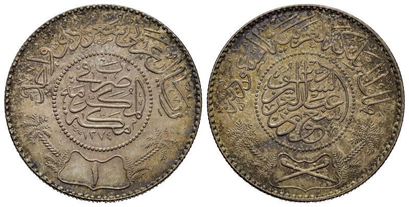 ARABIA SAUDITA. 1 riyāl ah1374 (1954). Argento 0.917, 11.6g, ø 30mm. KM# 39. FDC...