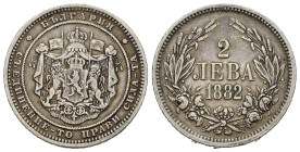BULGARIA. Alexander I (1879-1886). 2 Leva 1882. Ag. KM#5. BB