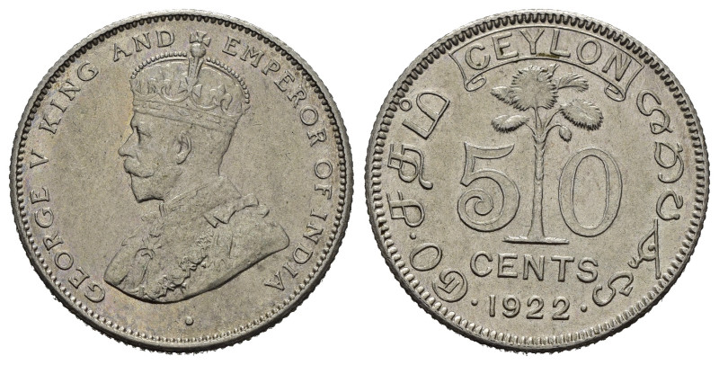 CEYLON. Giorgio V. 50 cents 1922. Ag. SPL