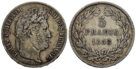 FRANCIA. Luigi Filippo I. 5 Francs 1838 A. Ag. qBB