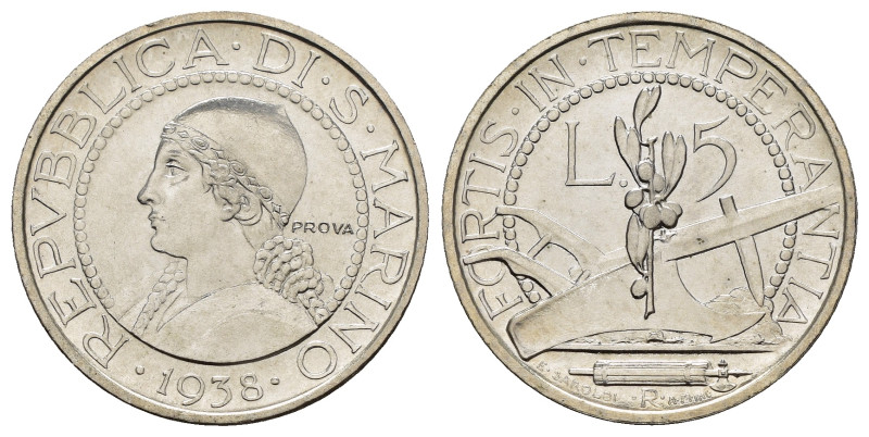 SAN MARINO. Vecchia monetazione. 5 lire 1938 Prova. Ag. Lievissimo colpetto al b...