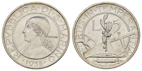 SAN MARINO. Vecchia monetazione. 5 lire 1938 Prova. Ag. Lievissimo colpetto al bordo al D/ ore 11. FDC