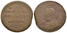 ANCONA. Stato Pontificio. Pio VI (1775-1799). Sampietrino da 2 e 1/2 baiocchi 1796 sigle TM. Cu (15,87 g - 31,80 mm). MIR 2879. BB+