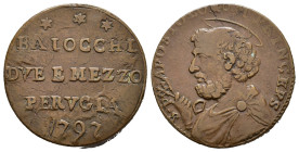 PERUGIA. Stato Pontificio. Pio VI (1775-1799). Sampietrino da 2 e 1/2 baiocchi 1797 sigle TM. Cu (12,70 g - 26,75 mm). MIR 2977/4. BB