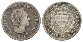 Regno di Sardegna. Carlo Felice (1821-1831). 50 centesimi 1827 Torino. Ag. Gig. 91. MB