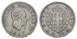 Regno d'Italia. Vittorio Emanuele II (1861-1878). Milano. 50 centesimi 1863 M "Stemma". Ag. Gig. 74. Rara. qBB