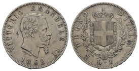 Regno d'Italia. Vittorio Emanuele II (1861-1878). Napoli. 1 Lira 1862 N "Stemma". Ag. Gig. 62. Rara. qBB