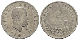 Regno d'Italia. Vittorio Emanuele II (1861-1878). Napoli. 2 Lire 1863 N "Valore". Ag. Gig. 58. NC. BB