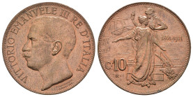 Regno d'Italia. Vittorio Emanuele III (1900-1943). 10 centesimi 1911 "Cinquantenario". Cu. qFDC