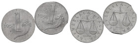 Repubblica Italiana. Lotto di 2 monete da 1 lira 1958 di cui una con tondello tranciato e l'altra con appiattimento del bordo. SPL