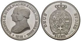 Medaglie Italiane. Riproduzione in argento delle 5 lire 1858, Parme e Piacenza. Ag (22,03 g). Impronte nei campi. Proof