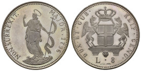 Medaglie Italiane. Riproduzione in argento delle 8 lire 1796, Genova. Ag (22,12 g). Impronte nei campi. Proof