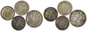 Monete Mondiali. Lotto di 4 monete. Germania 50 pfennig 1877, 1 mark 1874, Stati Uniti 5 cents 1911. MB-SPL