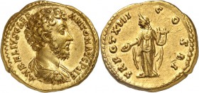 Marc Aurèle (161-180) Aureus - Rome (158-159) Rarissime, second exemplaire connu. Infimes rayures sur le visage et devant le nez. 7.21g - Cal. manque ...