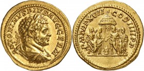 Caracalla (198-217) Aureus - Rome (214) Rarissime et magnifique exemplaire. Exemplaire de la vente MDC 3 du 1 décembre 2017, N°210 7.44g - Cal. 2715 S...