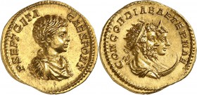 Geta (198-211) Septime Sévère et Julia Domna Aureus - Rome (200-202) D’une insigne rareté et d’une qualité hors norme. Le plus bel exemplaire connu. E...