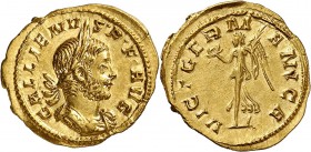 Gallien (253-268) Aureus - Cologne (258-259) D’une qualité exceptionnelle et d’un style remarquable. Inédit avec le buste à droite, seulement 5 exempl...
