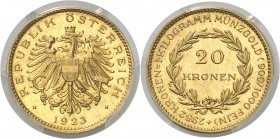 Autriche Première République (1918-1938) 20 couronnes or - 1923. Année rare. 6.77g - Fr. 519 Pratiquement FDC - PCGS MS 64