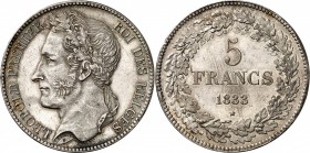 Belgique Léopold Ier (1831-1865) 5 francs - 1833. Tranche B. Infime nettoyage. 25.0g - KM 3.1 Pratiquement FDC