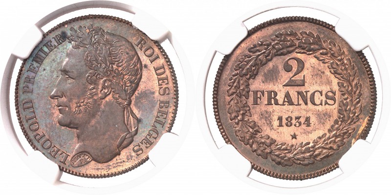 Belgique Léopold Ier (1831-1865) Epreuve en bronze du 2 francs - 1834. Tranche s...