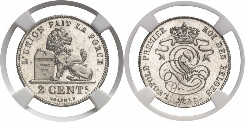 Belgique Léopold Ier (1831-1865) Epreuve en argent du 2 centimes - 1833. Très ra...