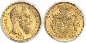 Belgique Léopold II (1865-1909) 20 francs or - 1869 - Tranche B. Très rare. Le plus bel exemplaire gradé. 6.45g - Fr. 413 Superbe à FDC - PCGS MS 62...