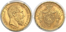 Belgique Léopold II (1865-1909) 20 francs or - 1876 - Tranche B. Très rare. Le plus bel exemplaire gradé. 6.45g - Fr. 414 Superbe à FDC - PCGS MS 62+...