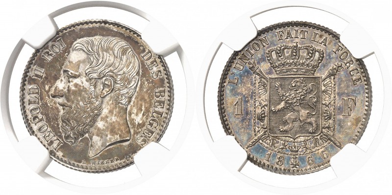 Belgique Léopold II (1865-1909) Epreuve en argent du 1 franc - 1866. Rarissime. ...