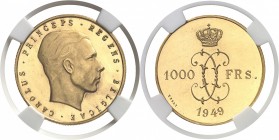 Belgique Régence du Prince Charles (1944-1950) Essai sur flan bruni du 1000 francs or - 1949. Tranche cannelée - Frappe monnaie. D’une grande rareté. ...