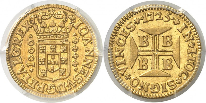 Brésil Jean V (1706-1760) 1000 reis or - 1725 Bahia. D’une grande rareté. Le plu...