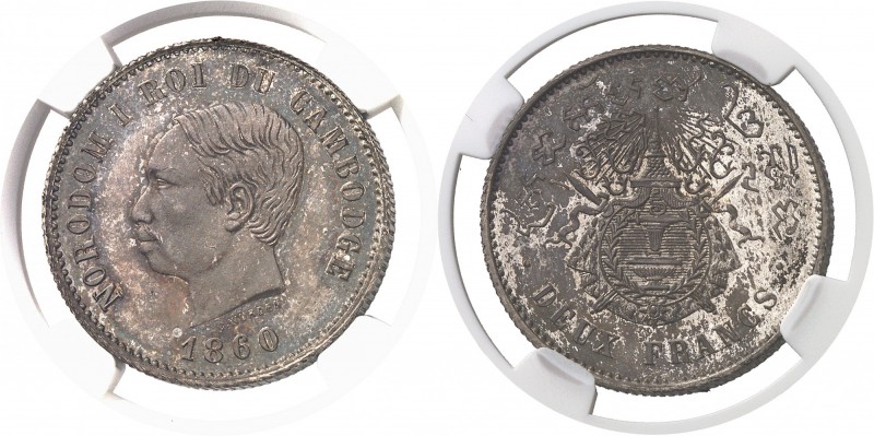Cambodge Norodom Ier (1860-1904) Piéfort en argent du 2 francs - 1860. D’une gra...