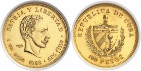 Cuba République de (1962 à nos jours) Piéfort du 100 pesos or - 1988. D’une insigne rareté - 10 exemplaires. Le plus bel exemplaire gradé. 62.2g - Fr....