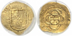 Espagne Philippe II (1556-1598) 4 escudos or - 1597 S B Séville. Très rare avec la date visible. 13.53g - Fr. 158 Superbe - PCGS AU 53