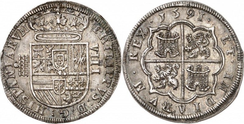 Espagne Philippe II (1556-1598) 8 réales - 1591 aqueduc Ségovie. Aqueduc à 5 arc...