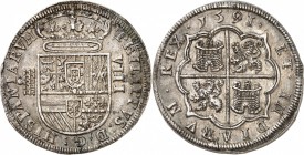 Espagne Philippe II (1556-1598) 8 réales - 1591 aqueduc Ségovie. Aqueduc à 5 arches - Date non regravée. Très rare. Exemplaire acheté chez Antonio L. ...