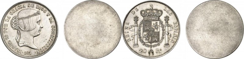 Espagne Isabelle II (1833-1868) Paire d’épreuves unifaces du 20 réales - 185X. T...