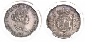 Espagne Isabelle II (1833-1868) Epreuve sur flan bruni du 10 réales - 185X. Tranche lisse - Frappe monnaie. Unique ? Le seul exemplaire gradé. 13.23g ...