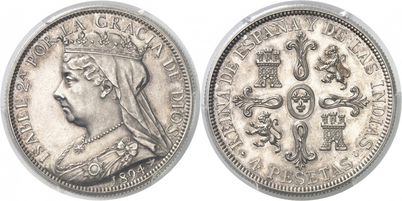 Espagne Alphonse XIII (1886-1931) Epreuve en argent sur flan bruni du 4 pesetas ...