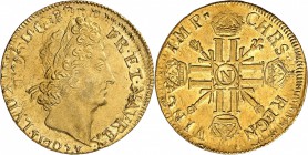 France Louis XIV (1643-1715) Double louis d’or aux 8 L et aux insignes - 1702 N Montpellier Réformation. Très rare - Trace d’essayage sur la tranche. ...