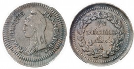 France Directoire (1795-1799) 1 décime - An 5 A Paris. Frappé sur un monneron de 2 sols à la liberté assise 1791 - An III. Tranche inscrite en creux :...