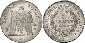 France Consulat (1799-1804) 5 francs Union et Force - An 11 petit A Paris. Très rare dans cette qualité exceptionnelle. Rarissime avec le petit A. Rem...