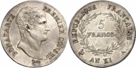 France Consulat (1799-1804) 5 francs - An XI A Paris. Très rare dans cette qualité. 25.0g - KM 650.1 Superbe à FDC - NGC MS 61