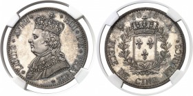 France Louis XVIII (1814-1824) Epreuve en argent sur flan bruni du 5 francs du concours - 1815 A Paris - Tiolier. D’une insigne rareté. Le seul exempl...