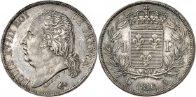 France Louis XVIII (1814-1824) Epreuve en argent sur flan bruni du 1 franc - 1816 A Paris. Type définitif. Inédit - Unique ? 5.0g - Maz. manque Flan B...